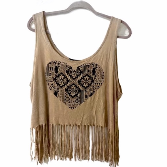 🩷 Tan Tribal Printed Fringed Crop Top 3X 1031 - Picture 1 of 5